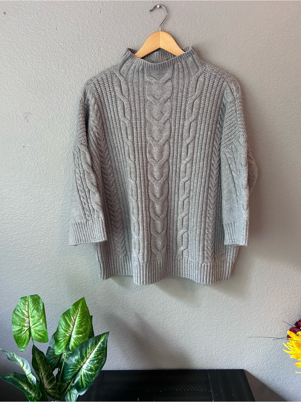 Vince Camuto Light Gray Cable-Knit Mock Neck Sweater